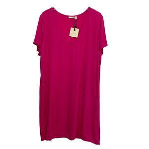 NWT Hinge Berry Pink V-Neck Short Sleeve Oversized Lounge Dress Women's Size L